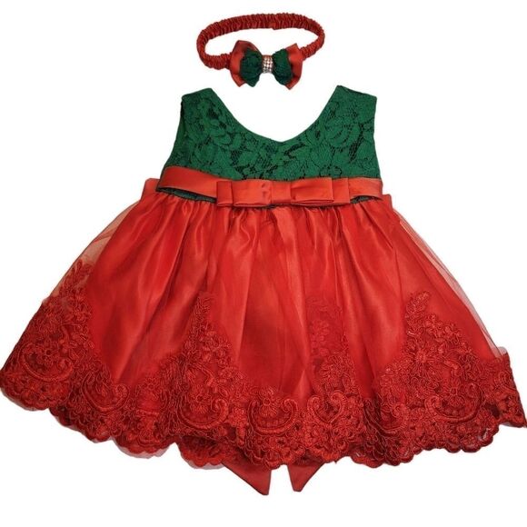 GIRLS 3mo Red and Green Formal Christmas Dress Matching Headband - Picture 12 of 12